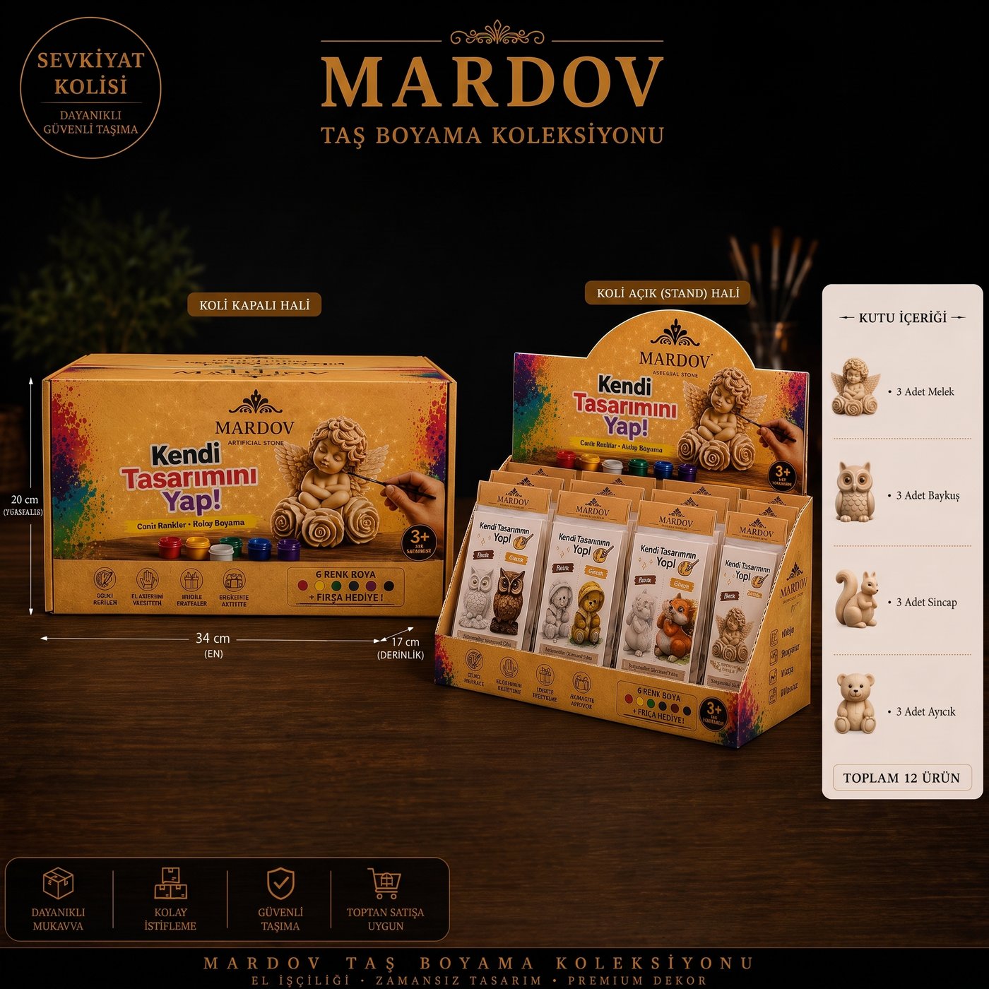 3D Objeler sevkiyat kolisi — kapalı ve açık (stand) hâli