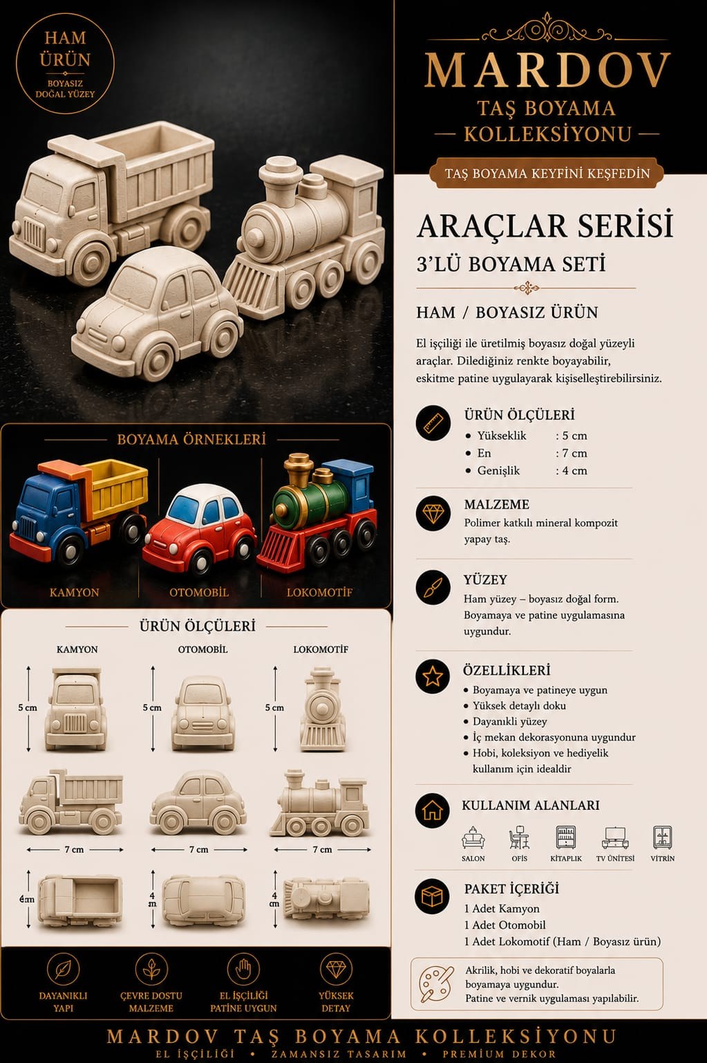 Araçlar Serisi — 3'lü boyama seti tanıtımı: ölçüler, malzeme ve özellikler