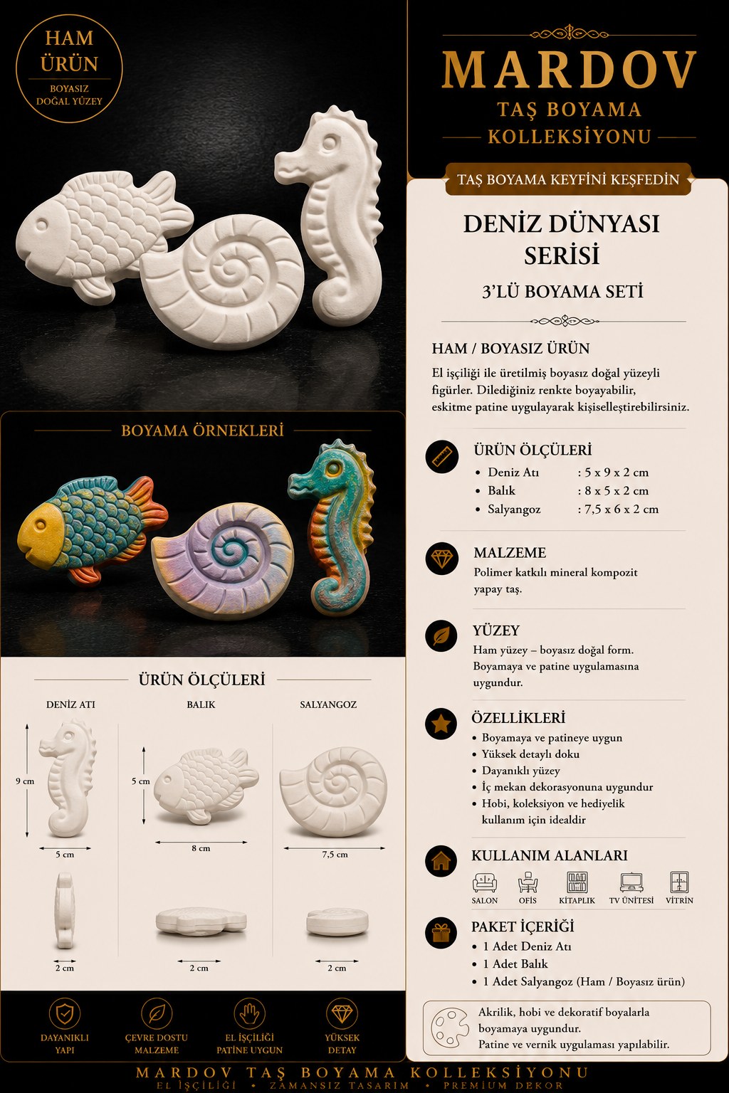 Deniz Canlıları Serisi 1 — 3'lü boyama seti tanıtımı: ölçüler, malzeme ve özellikler