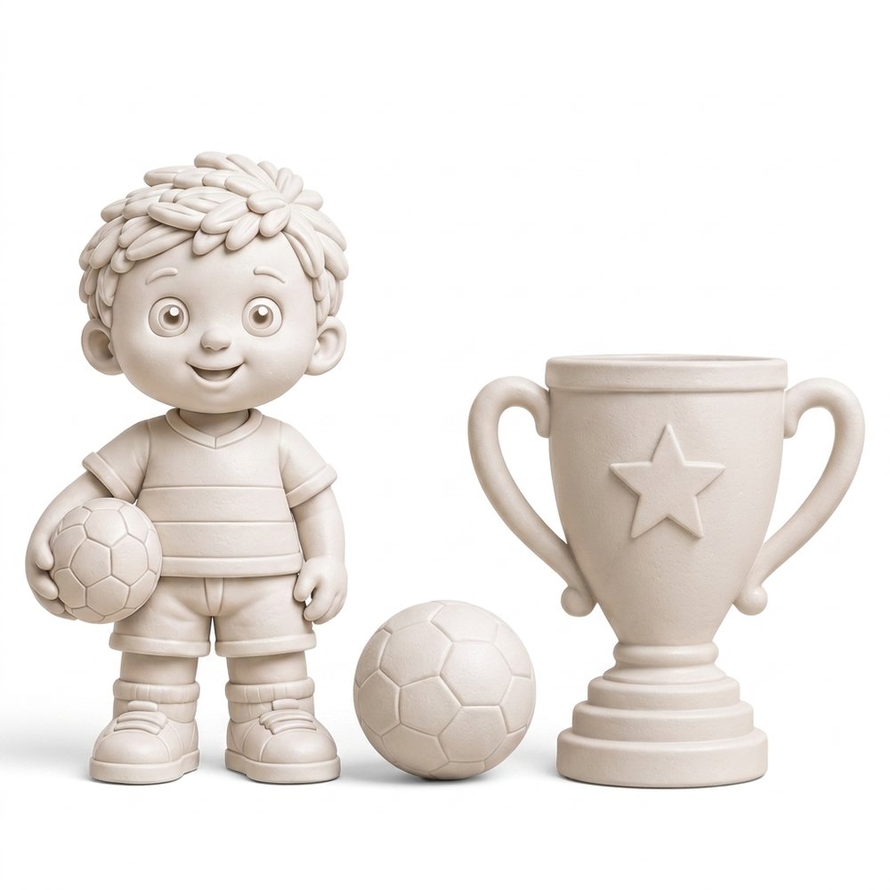 Futbol Serisi — futbolcu çocuk, top ve şampiyona kupası, ham döküm hâli