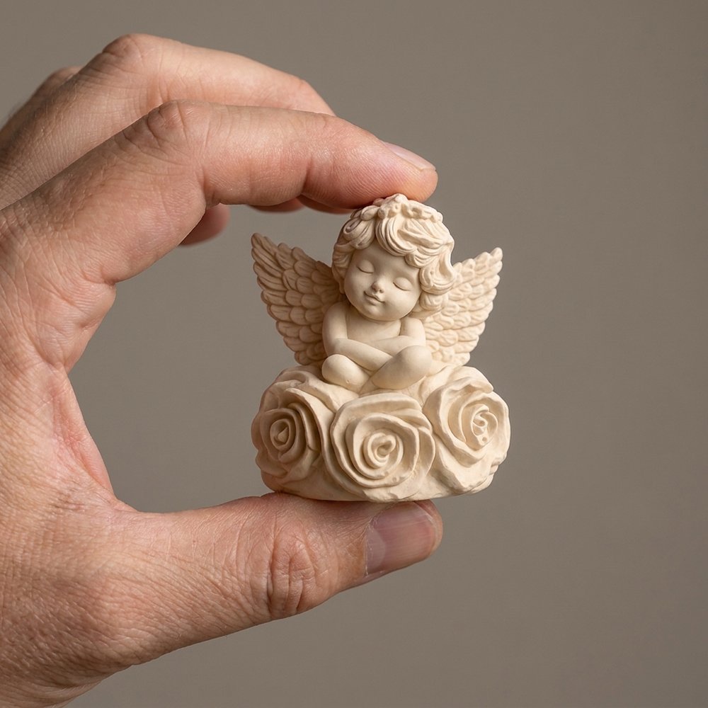 Güller Üzerinde Melek — avuç içi boyut, 8 × 8 × 6 cm
