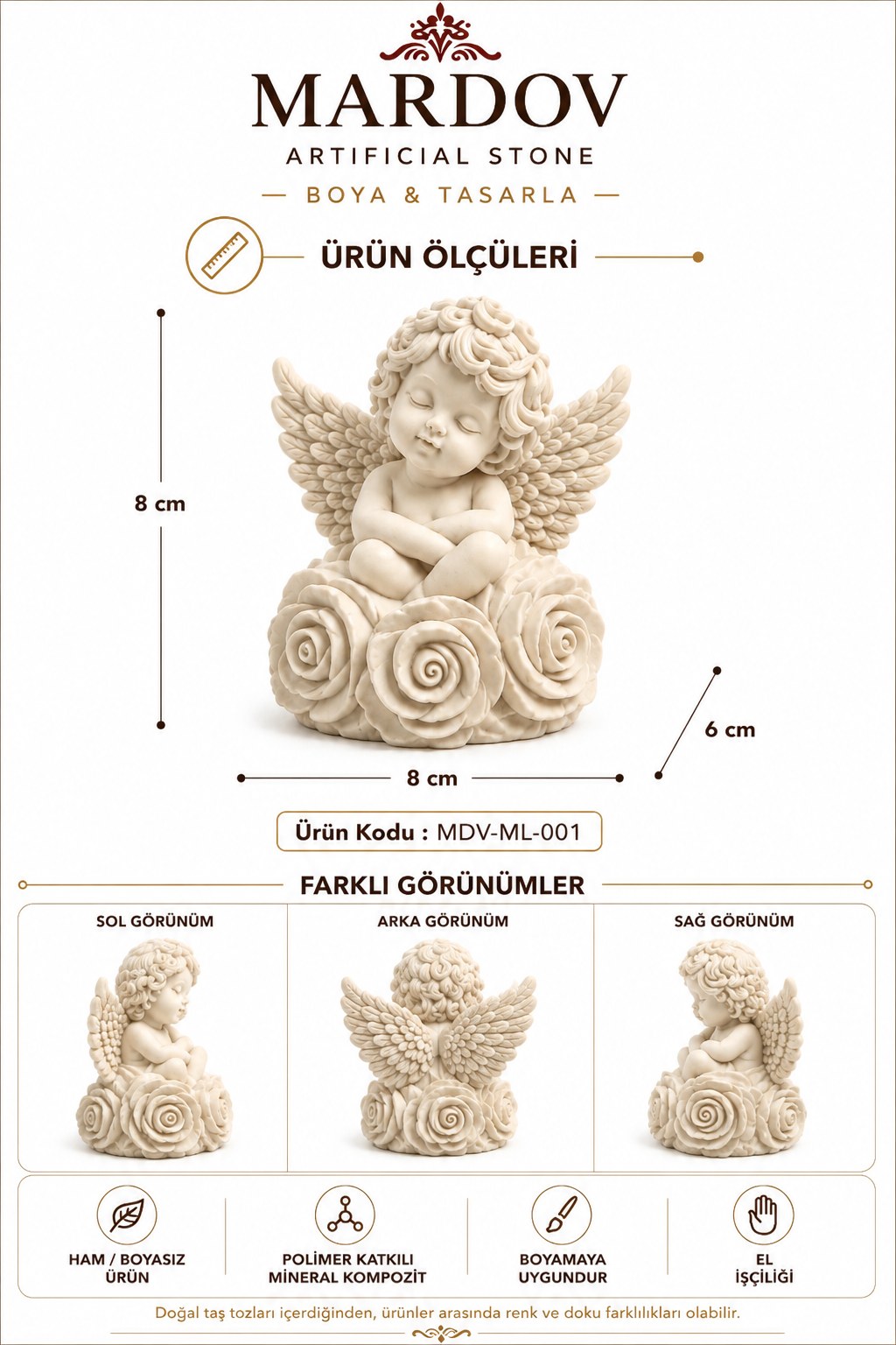 Güller Üzerinde Melek — ürün ölçüleri: 8 × 8 × 6 cm ve farklı görünümler